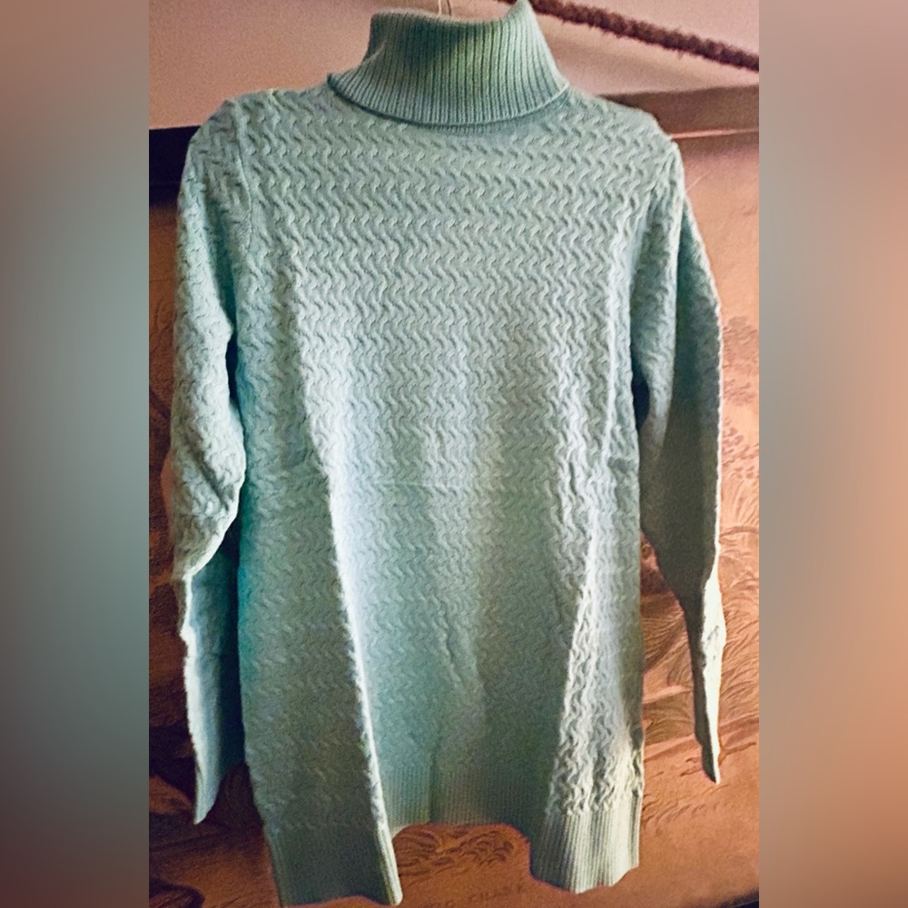 * New Lands End Glacier Blue Cotton Turtleneck Tunic Sweater SZ Medium Petite *